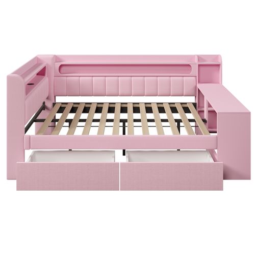 Lit Adulte 140x200 Cm Avec Bureau, étagères, Ports USB, LED Et 2 Tiroirs, En Lin Rose