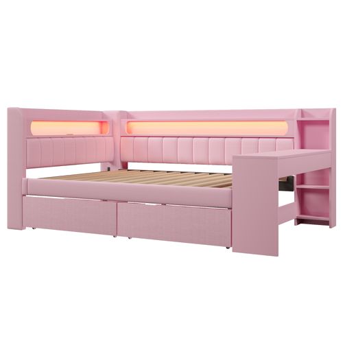 Lit Adulte 140x200 Cm Avec Bureau, étagères, Ports USB, LED Et 2 Tiroirs, En Lin Rose
