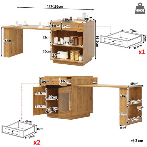 Meuble De Bar Extensible 122-195 Cm Coloris Bois Avec LED, Tiroirs Et Porte Vitrée