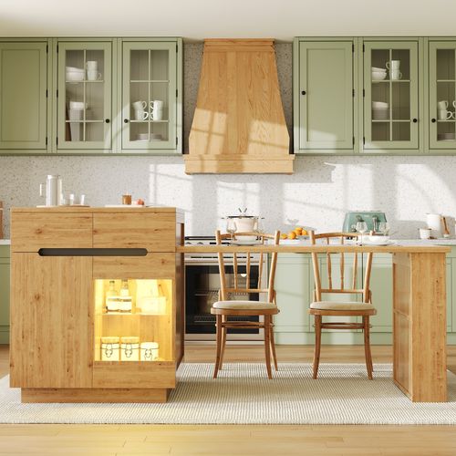 Meuble De Bar Extensible 122-195 Cm Coloris Bois Avec LED, Tiroirs Et Porte Vitrée