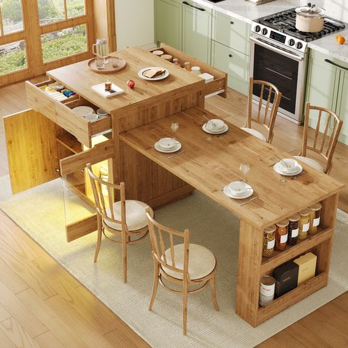 Meuble De Bar Extensible 122-195 Cm Coloris Bois Avec LED, Tiroirs Et Porte Vitrée