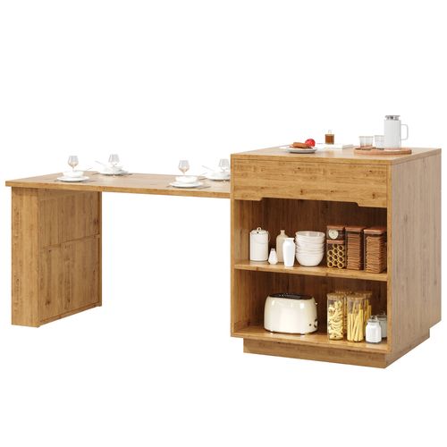 Meuble De Bar Extensible 122-195 Cm Coloris Bois Avec LED, Tiroirs Et Porte Vitrée