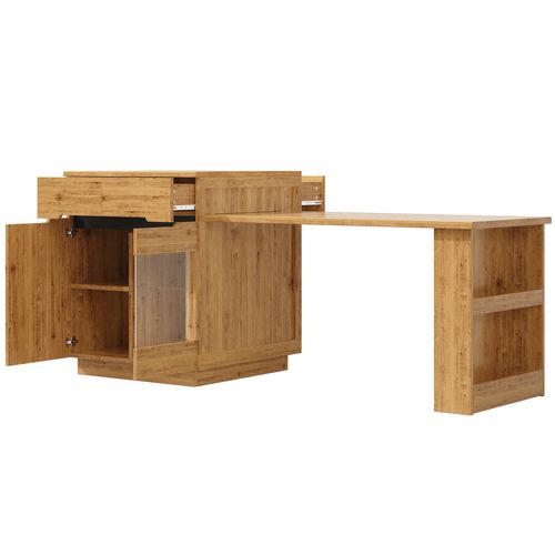 Meuble De Bar Extensible 122-195 Cm Coloris Bois Avec LED, Tiroirs Et Porte Vitrée