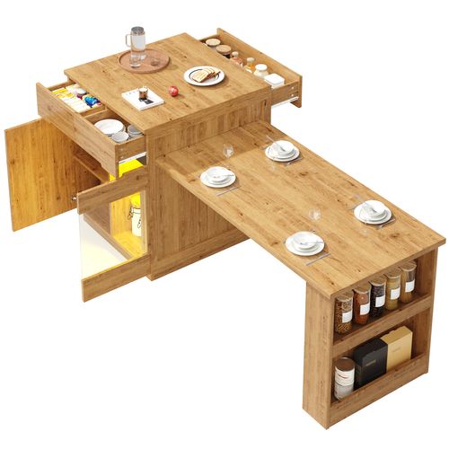 Meuble De Bar Extensible 122-195 Cm Coloris Bois Avec LED, Tiroirs Et Porte Vitrée