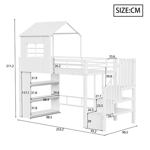 Lit Mezzanine Enfant 90x200 Cm Cabane Avec Escalier Et Rangements Métal Blanc