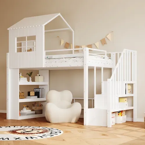 Lit Mezzanine Enfant 90x200 Cm Cabane Avec Escalier Et Rangements Métal Blanc