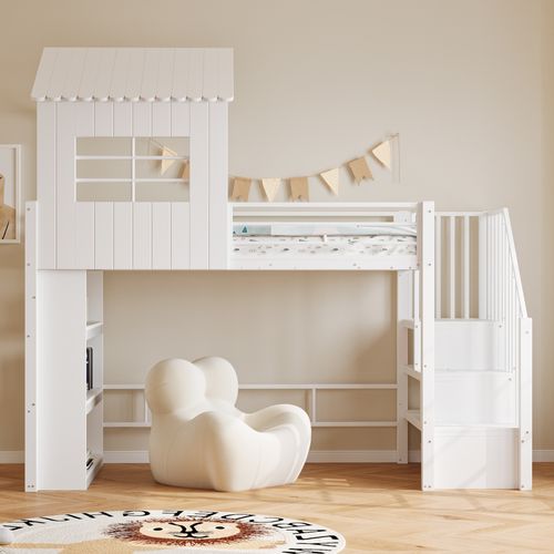 Lit Mezzanine Enfant 90x200 Cm Cabane Avec Escalier Et Rangements Métal Blanc