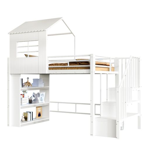 Lit Mezzanine Enfant 90x200 Cm Cabane Avec Escalier Et Rangements Métal Blanc