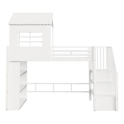 Lit Mezzanine Enfant 90x200 Cm Cabane Avec Escalier Et Rangements Métal Blanc
