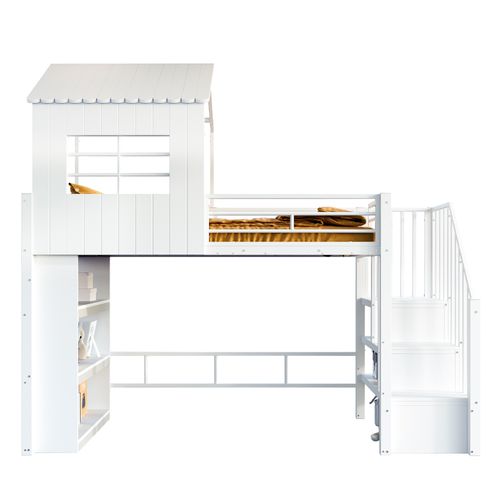 Lit Mezzanine Enfant 90x200 Cm Cabane Avec Escalier Et Rangements Métal Blanc