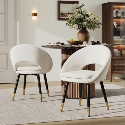 Lot De 6 Chaises De Salle à Manger En Velours Beige, Pieds Métal Noir Et Or