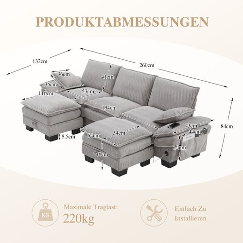 Canapé D'angle 3 Places Avec 2 Coffres Rangement, USB Et Poches Latérales, Tissu Gris Clair