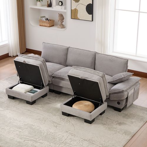 Canapé D'angle 3 Places Avec 2 Coffres Rangement, USB Et Poches Latérales, Tissu Gris Clair