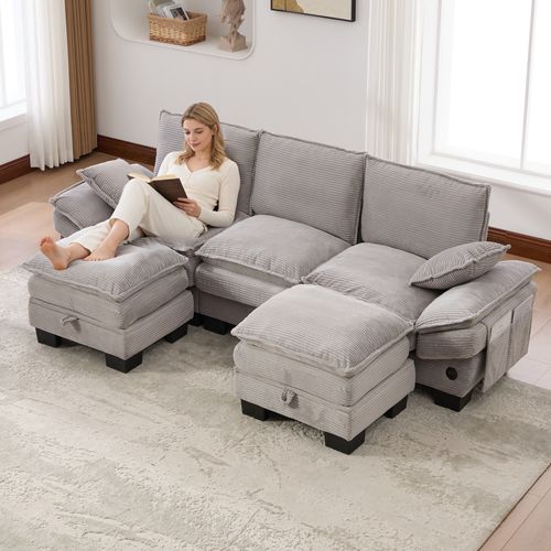 Canapé D'angle 3 Places Avec 2 Coffres Rangement, USB Et Poches Latérales, Tissu Gris Clair