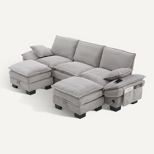 Canapé D'angle 3 Places Avec 2 Coffres Rangement, USB Et Poches Latérales, Tissu Gris Clair