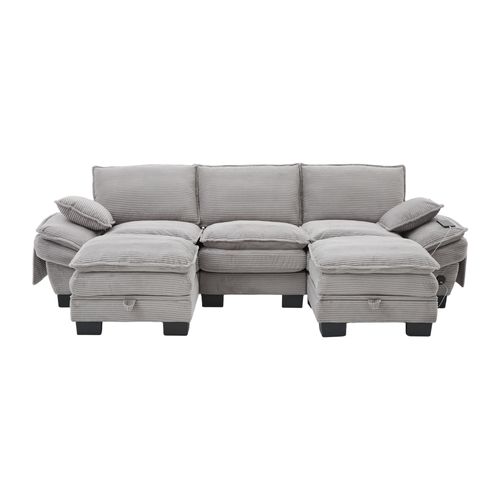 Canapé D'angle 3 Places Avec 2 Coffres Rangement, USB Et Poches Latérales, Tissu Gris Clair