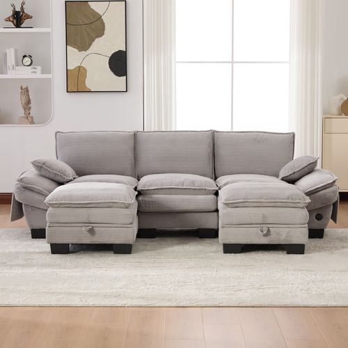 Canapé D'angle 3 Places Avec 2 Coffres Rangement, USB Et Poches Latérales, Tissu Gris Clair