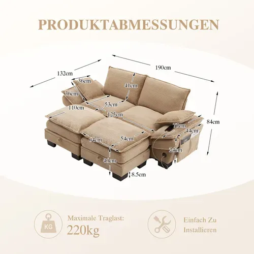 Canapé Modulable 2 Places 190x132 Cm Avec 2 Poufs De Coffre, USB Et Poches Latérales, Tissu Kaki