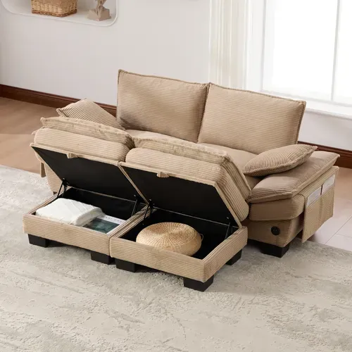 Canapé Modulable 2 Places 190x132 Cm Avec 2 Poufs De Coffre, USB Et Poches Latérales, Tissu Kaki