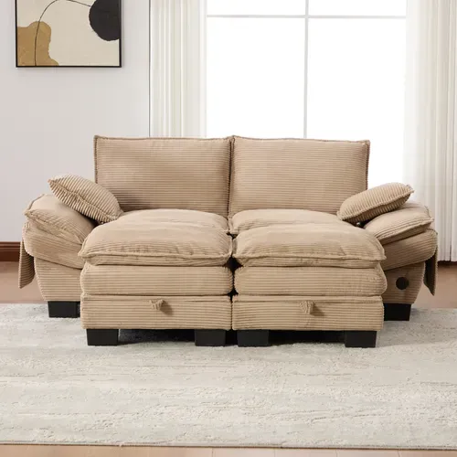 Canapé Modulable 2 Places 190x132 Cm Avec 2 Poufs De Coffre, USB Et Poches Latérales, Tissu Kaki