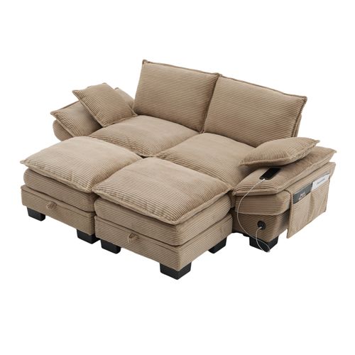 Canapé Modulable 2 Places 190x132 Cm Avec 2 Poufs De Coffre, USB Et Poches Latérales, Tissu Kaki