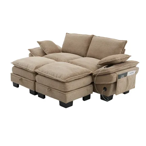 Canapé Modulable 2 Places 190x132 Cm Avec 2 Poufs De Coffre, USB Et Poches Latérales, Tissu Kaki