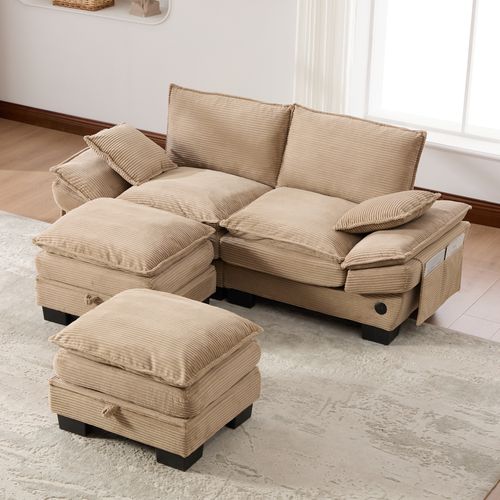 Canapé Modulable 2 Places 190x132 Cm Avec 2 Poufs De Coffre, USB Et Poches Latérales, Tissu Kaki