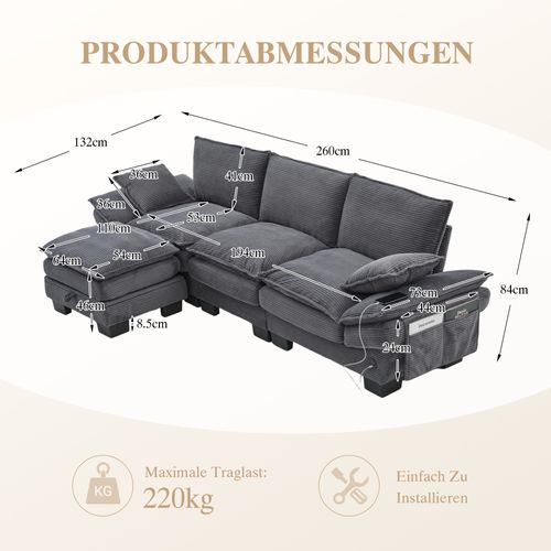 Canapé D'angle Modulable 3 Places Avec Pouf De Rangement, USB Et Poches Latérales, Tissu Gris Foncé