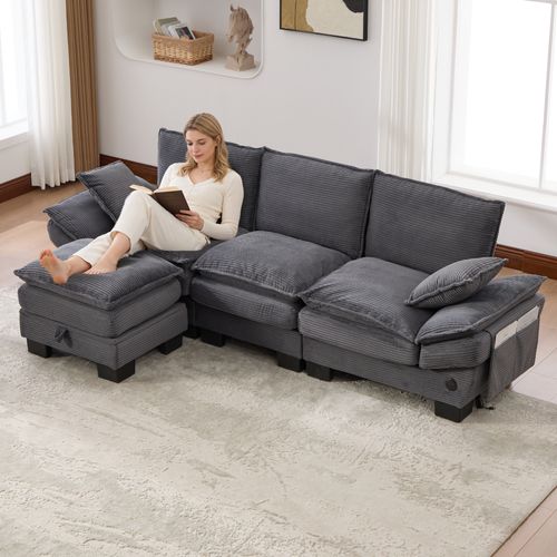 Canapé D'angle Modulable 3 Places Avec Pouf De Rangement, USB Et Poches Latérales, Tissu Gris Foncé