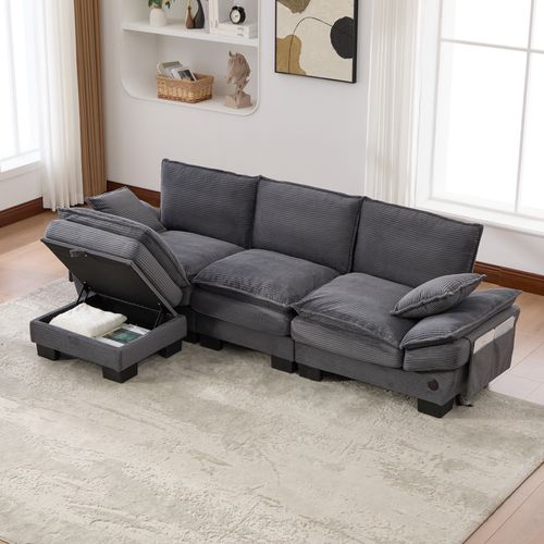 Canapé D'angle Modulable 3 Places Avec Pouf De Rangement, USB Et Poches Latérales, Tissu Gris Foncé