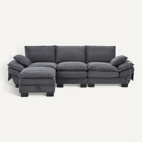 Canapé D'angle Modulable 3 Places Avec Pouf De Rangement, USB Et Poches Latérales, Tissu Gris Foncé