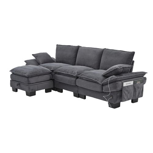 Canapé D'angle Modulable 3 Places Avec Pouf De Rangement, USB Et Poches Latérales, Tissu Gris Foncé