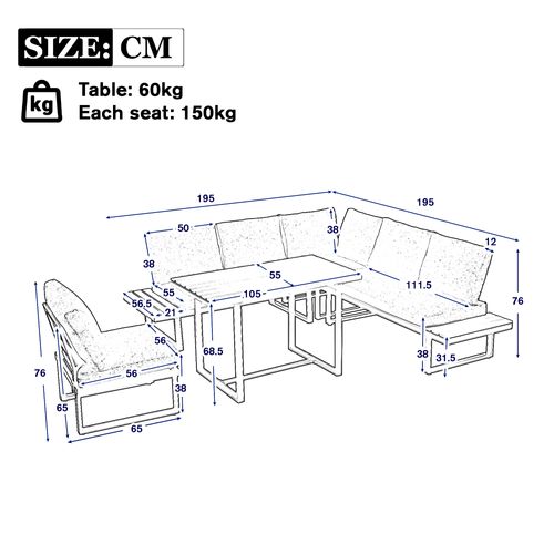 Salon De Jardin Modulable 4 Places Avec Table 105x70 Cm, Acier Gris/noir