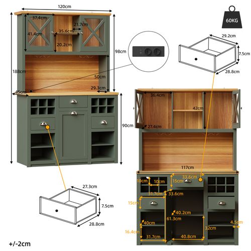 Buffet De Cuisine Haut 120x45x188 Cm Vert Avec LED, Prises Ac, USB Et Range-bouteilles