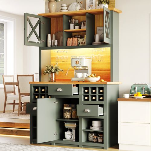 Buffet De Cuisine Haut 120x45x188 Cm Vert Avec LED, Prises Ac, USB Et Range-bouteilles