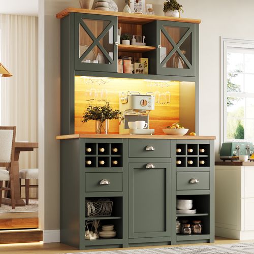 Buffet De Cuisine Haut 120x45x188 Cm Vert Avec LED, Prises Ac, USB Et Range-bouteilles
