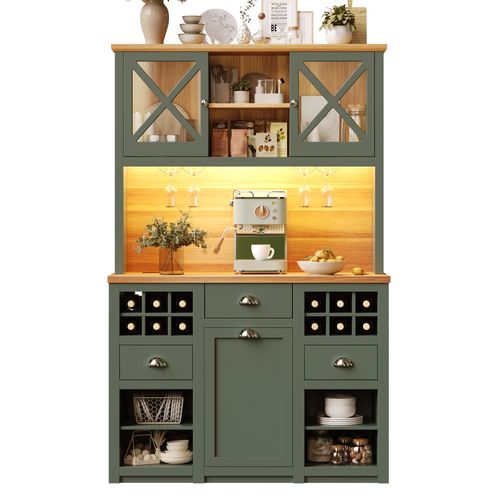 Buffet De Cuisine Haut 120x45x188 Cm Vert Avec LED, Prises Ac, USB Et Range-bouteilles
