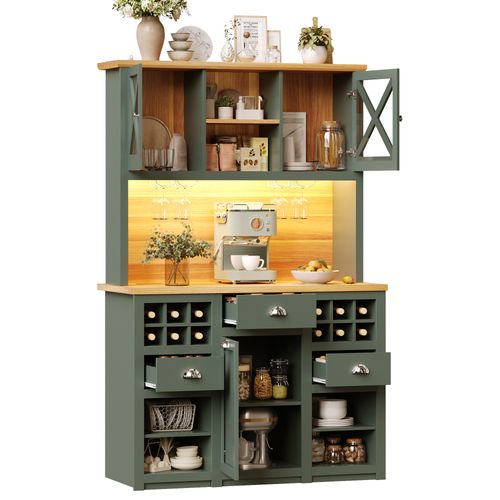 Buffet De Cuisine Haut 120x45x188 Cm Vert Avec LED, Prises Ac, USB Et Range-bouteilles