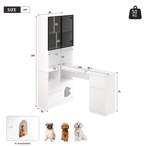 Bureau D’angle - Vitrine 120x80x180 Cm Avec LED, 3 Tiroirs, 4 Portes Et Étagères Blanc