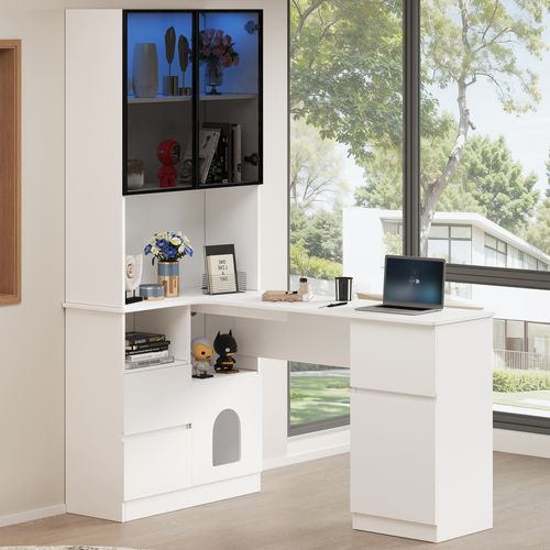 Bureau D’angle - Vitrine 120x80x180 Cm Avec LED, 3 Tiroirs, 4 Portes Et Étagères Blanc