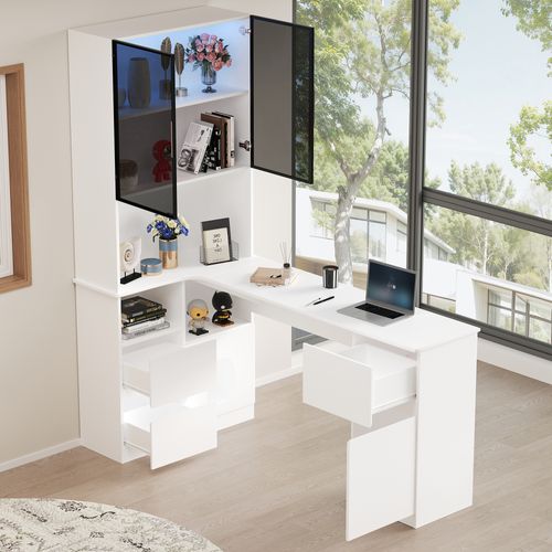 Bureau D’angle - Vitrine 120x80x180 Cm Avec LED, 3 Tiroirs, 4 Portes Et Étagères Blanc