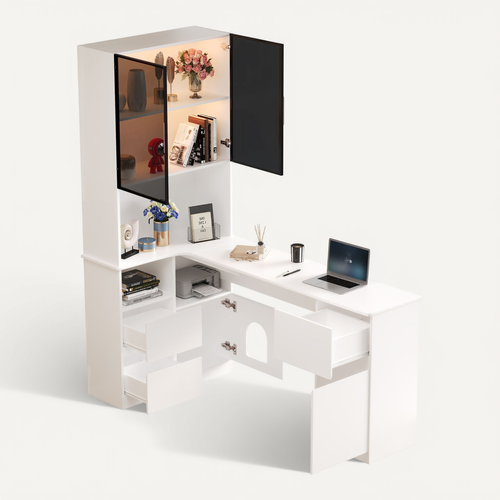 Bureau D’angle - Vitrine 120x80x180 Cm Avec LED, 3 Tiroirs, 4 Portes Et Étagères Blanc