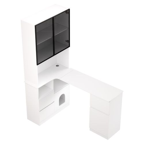Bureau D’angle - Vitrine 120x80x180 Cm Avec LED, 3 Tiroirs, 4 Portes Et Étagères Blanc