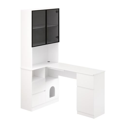 Bureau D’angle - Vitrine 120x80x180 Cm Avec LED, 3 Tiroirs, 4 Portes Et Étagères Blanc