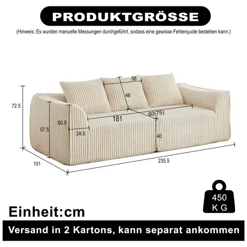 Canapé Modulable 3 Places 235 Cm En Velours Côtelé Beige, Lignes Courbées, 2 Coussins
