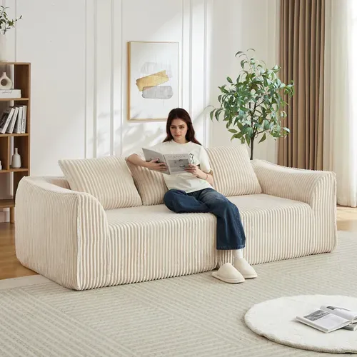 Canapé Modulable 3 Places 235 Cm En Velours Côtelé Beige, Lignes Courbées, 2 Coussins