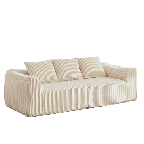 Canapé Modulable 3 Places 235 Cm En Velours Côtelé Beige, Lignes Courbées, 2 Coussins