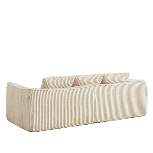 Canapé Modulable 3 Places 235 Cm En Velours Côtelé Beige, Lignes Courbées, 2 Coussins