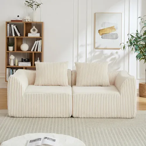 Canapé Modulable 2 Places En Tissu Côtelé Beige Avec 2 Coussins