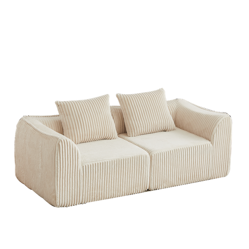 Canapé Modulable 2 Places En Tissu Côtelé Beige Avec 2 Coussins